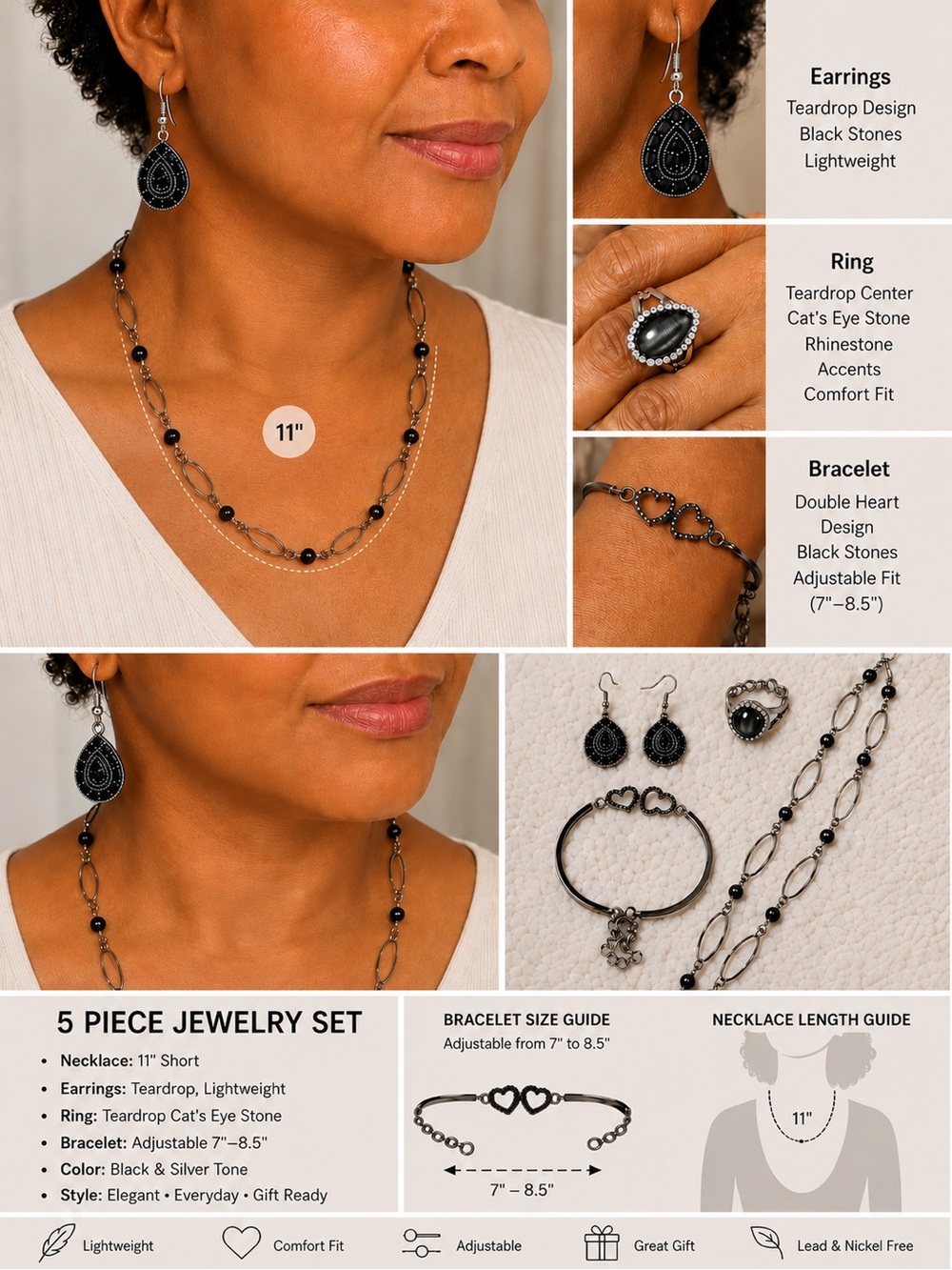 5-Piece Black & Silver Teardrop Jewelry Set - Women's Fashion Jewelry